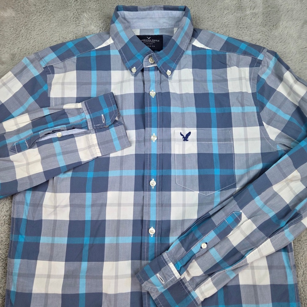 American Eagle Plaid Shirt Mens S Classic Fit Button Down Cotton Blue Grey Plaid